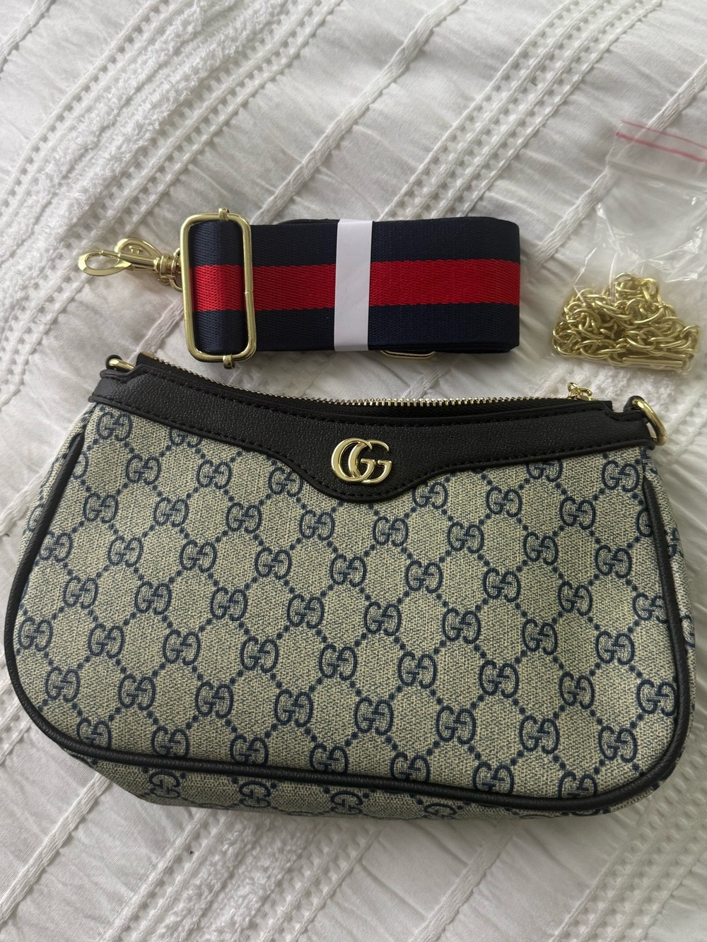 Designer Inspired Gucci Beige/Blue GG Supreme Shoulder Bag with Navy-Red Stripe